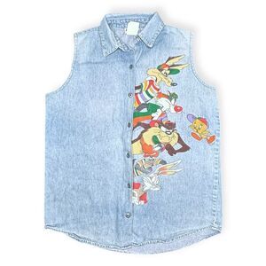 VINTAGE JERRY LEIGH Women’s Looney Tunes Sleeveless Denim Shirt Size Medium